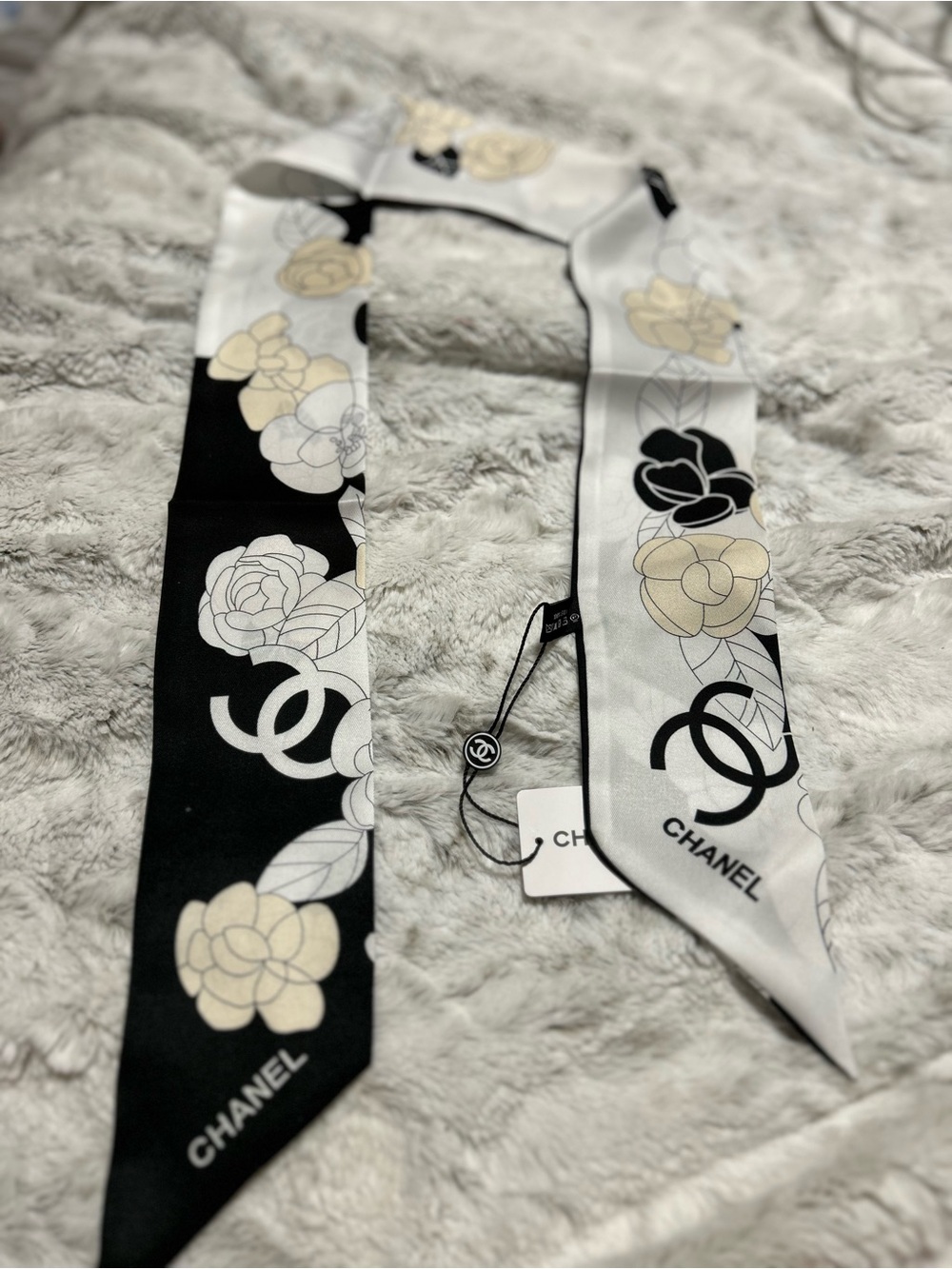 Double C Black & White Camellia Silk Twilly Scarf
